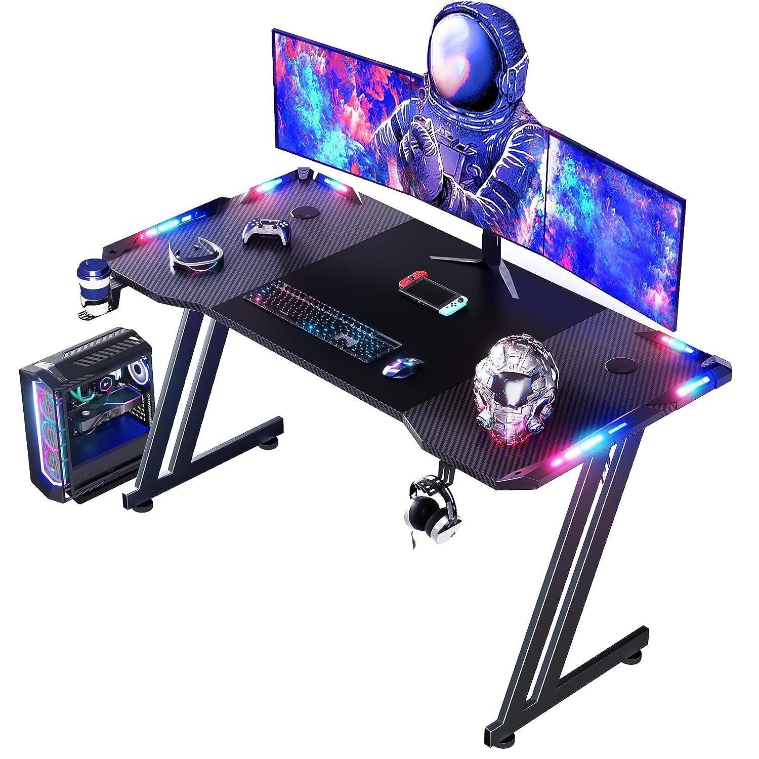 04. HLDIRECT 47 Inch Gaming Desk with LED Lights Carbon Fibre Surface Gaming Table Large Computer Desk