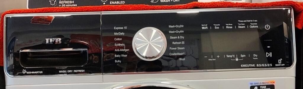 IFB Laundrimagic 3-in-1 Washer Dryer Refresh, showcasing its washing programs and menu panel